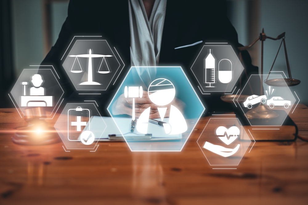 Visual representation of personal injury law with icons depicting justice, medical care, and legal services on a digital interface